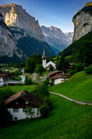 Sunrise path to church in Lauterbrunnen Switzerland