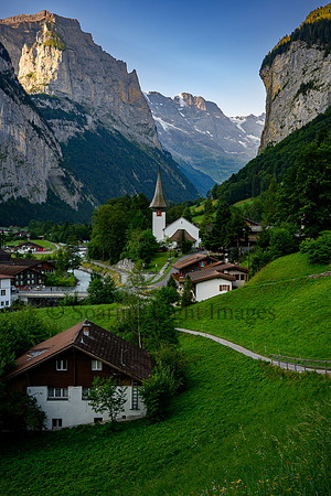 Sunrise path to church in Lauterbrunnen Switzerland