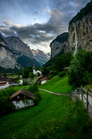Sunset path to church in Lauterbrunnen Switzerland